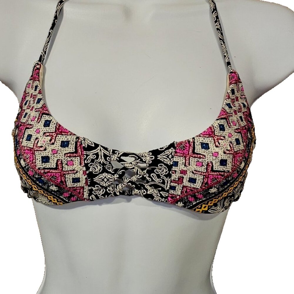 Cleobella Bikini Top Size XS Pink Black Yellow Corset Lace Up Geometric Festival